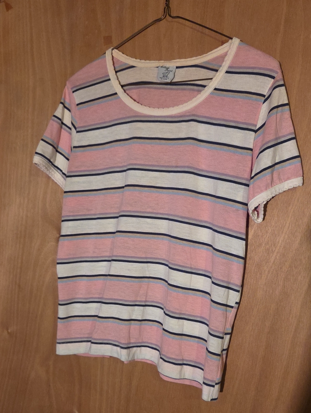 Vintage 70s Striped Short Sleeve Tee in Pink & White by College Point